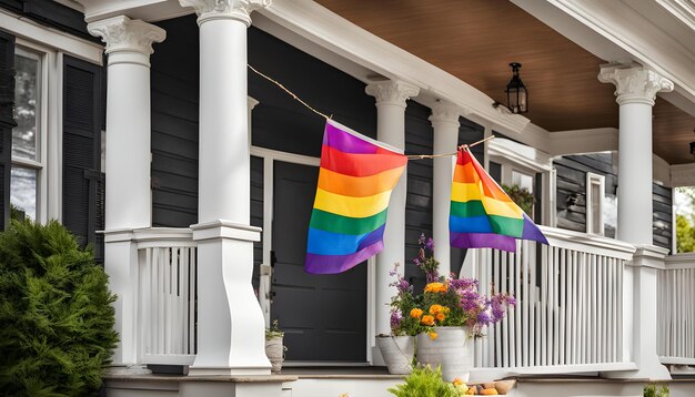 una bandera arco iris cuelga fuera de una casa