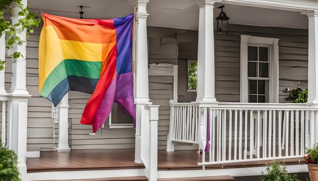 una bandera arco iris cuelga de un porche en una casa