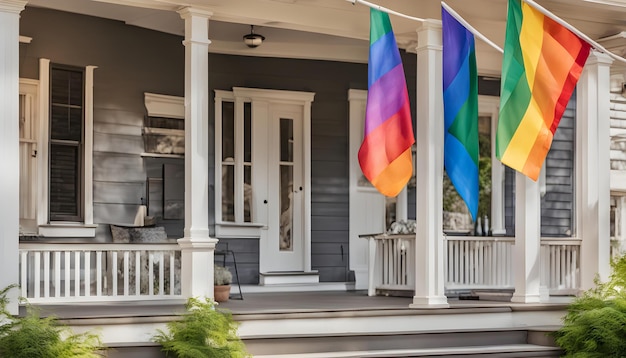 una bandera arco iris cuelga de un porche de una casa