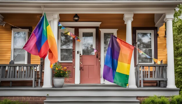 una bandera arco iris está colgada de una casa en el medio de la calle