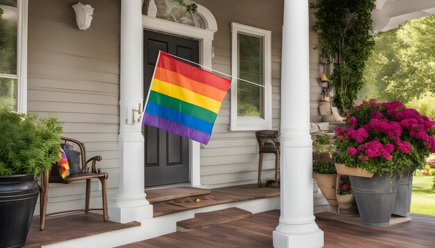 una bandera arco iris está colgada fuera de una casa