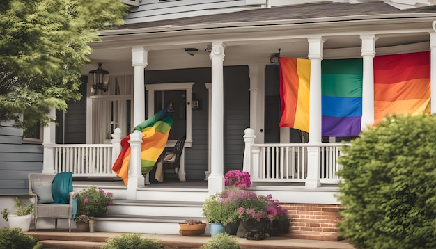 una bandera arco iris está colgada en un porche