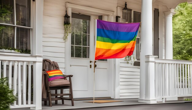 una bandera arco iris está colgando de un porche