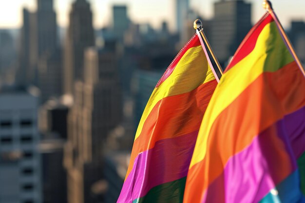 Bandera del arco iris en el fondo del horizonte de la ciudad de Nueva York