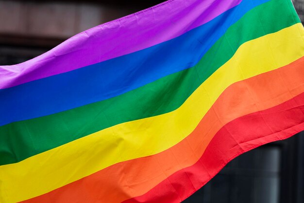 Bandera del arco iris gay en una marcha del orgullo gay LGBT en Londres