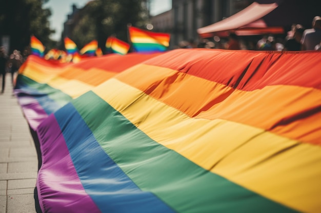 Una bandera del arco iris se muestra en un desfile.