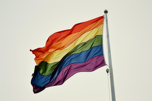 Bandera del arco iris ondeando en el viento contra el cielo azul primer plano de la foto