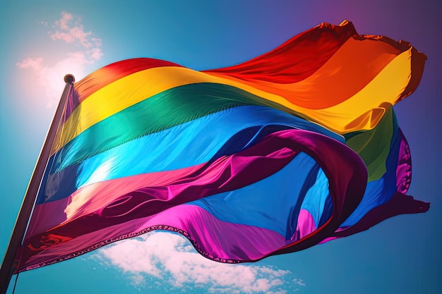 una bandera del arco iris ondeando en el viento frente a un cielo azul al estilo repetitivo