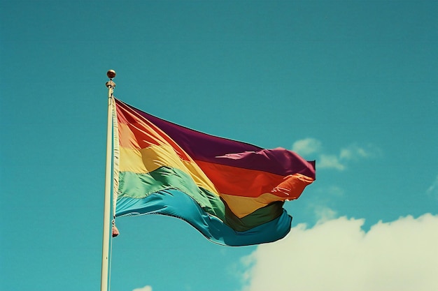 La bandera del arco iris ondeando en el viento sobre un fondo de cielo azul