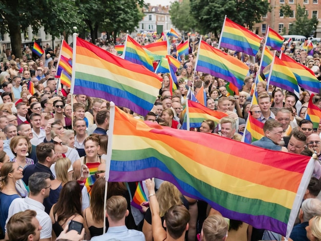 Foto una bandera arco iris está siendo sostenida en un desfile