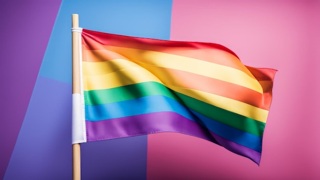 Foto una bandera arco iris está volando frente a una pared rosa