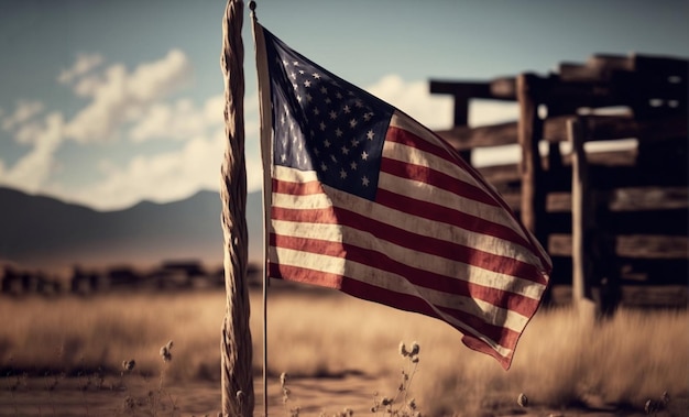 Una bandera en la arena con la bandera americana de fondo