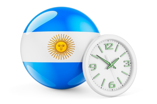 Foto bandera argentina con reloj la hora en argentina renderización en 3d