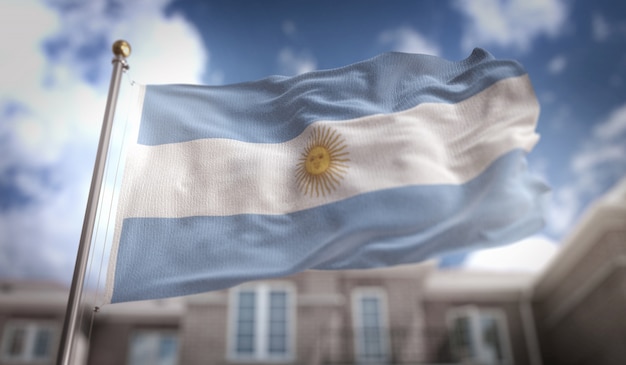 Bandera de la Argentina Representación 3D en el fondo del edificio de cielo azul