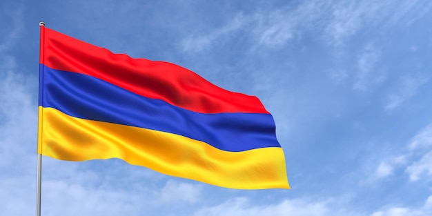 Bandera de Armenia en asta de bandera sobre fondo de cielo azul La bandera armenia ondeando en el viento sobre un fondo de cielo con nubes Lugar para ilustración de texto 3d