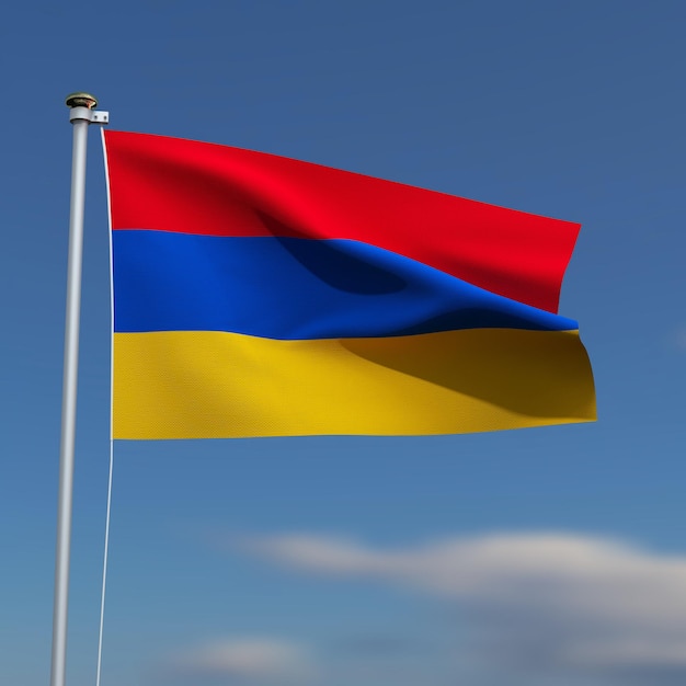 La bandera de Armenia está ondeando frente a un cielo azul con nubes borrosas en el fondo