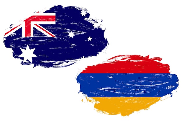 Bandera de australia y armenia juntas sobre un fondo de pincel de trazo blanco