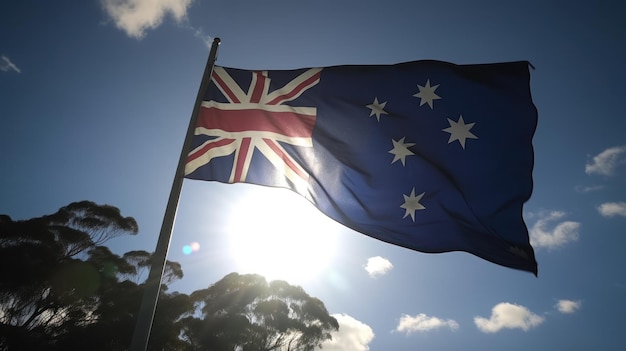 Una bandera de Australia ondea bajo el sol.