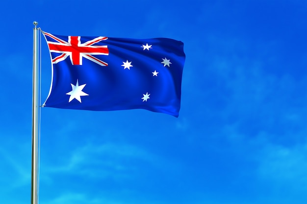 Bandera de Australia en la representación 3d del fondo del cielo azul