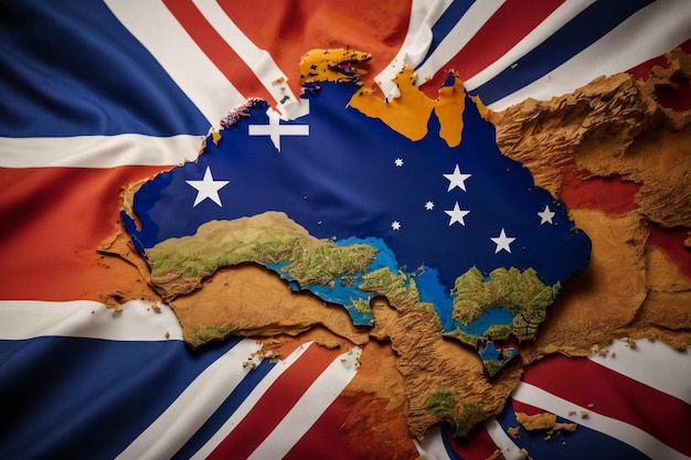 Foto bandera australiana con un mapa del globo como macro de fondo