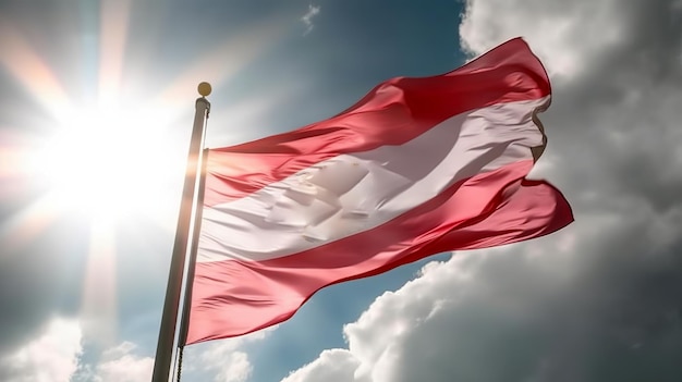 Bandera de Austria aislada en el cielo azul con trazado de recorte cerrar ondeando la bandera de Austria símbolos de la bandera de Austria Ai generativo