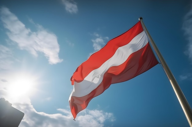 Bandera de Austria ondeando en el viento contra el cielo azul con los rayos del sol