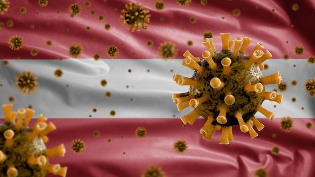 Bandera austriaca ondeando y virus microscopio coronavirus