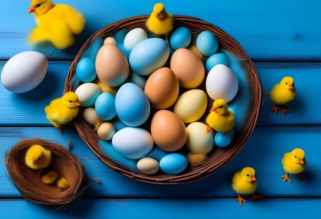 Foto bandera azul huevos blancos amarillos y pollitos amarillos sobre un fondo de madera azul