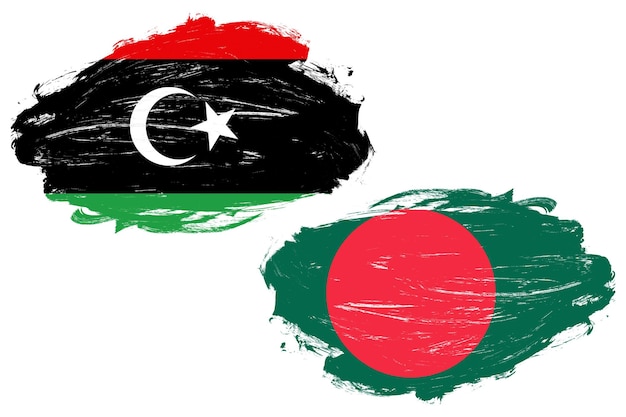 Bandera de Bangladesh y Libia juntos sobre un fondo de pincel de trazo blanco