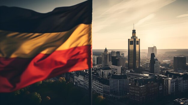 La bandera belga ondeando contra el horizonte de la ciudad