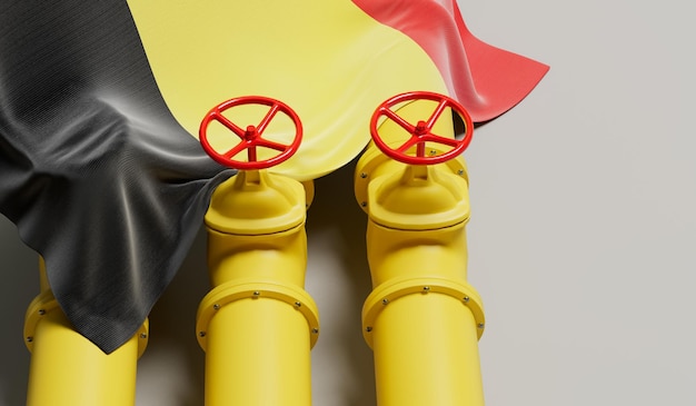 Bandera de Bélgica que cubre una línea de tubería de combustible de petróleo y gas Concepto de la industria petrolera Representación 3D