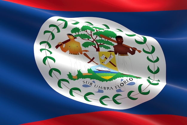 Bandera de Belice. Ilustración 3d de la bandera beliceña ondeando.