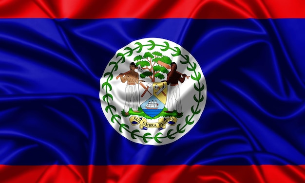 Bandera de Belice ondeando de cerca con fondo de textura de satén