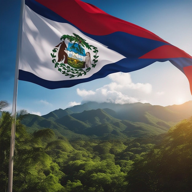 Bandera de Belize dentro del papel pintado de la montaña