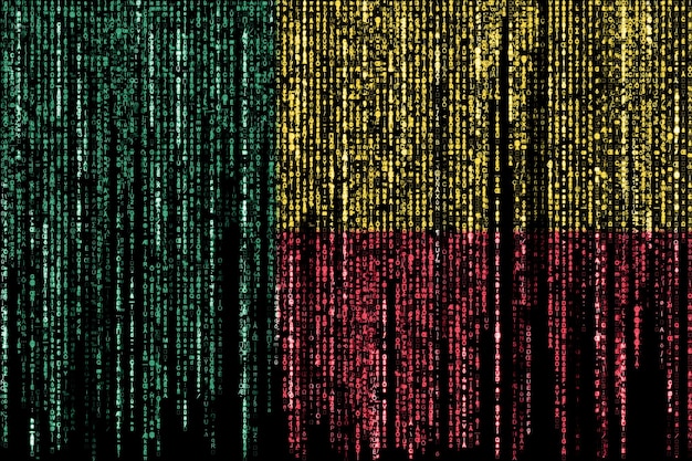 Bandera de Benin en códigos binarios de computadora cayendo desde arriba y desapareciendo