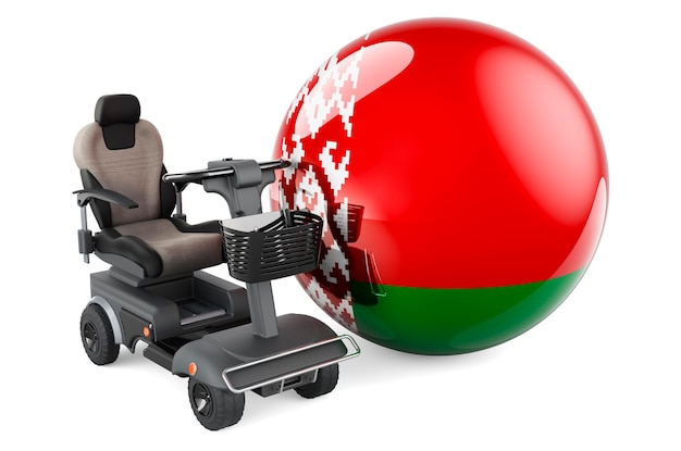 Bandera bielorrusa con silla de ruedas interior o silla de ruedas eléctrica 3D rendering aislado sobre fondo blanco.