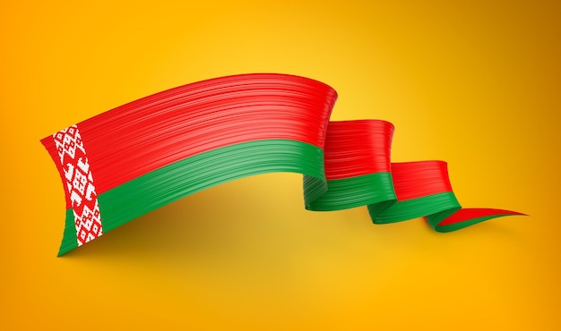 Bandera de Bielorrusia brillante agitando la bandera de la cinta retorcida en el fondo amarillo Ilustración en 3D