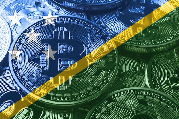 Bandera de Bitcoin de las Islas Salomón, fondo negro del concepto de criptomoneda de la bandera nacional