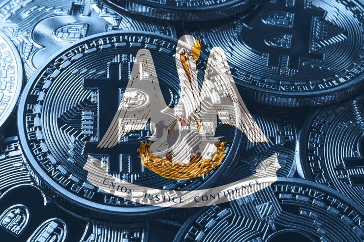 Foto bandera de bitcoin de luisiana, fondo de concepto de criptomoneda de luisiana