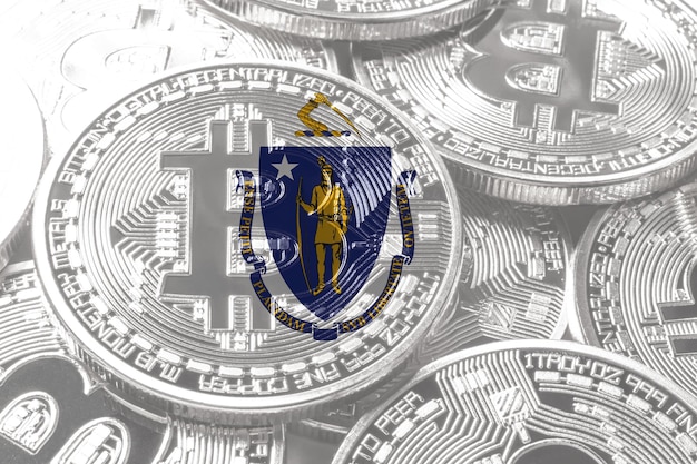 Bandera de bitcoin de Massachusetts, fondo del concepto de criptomoneda de Massachusetts