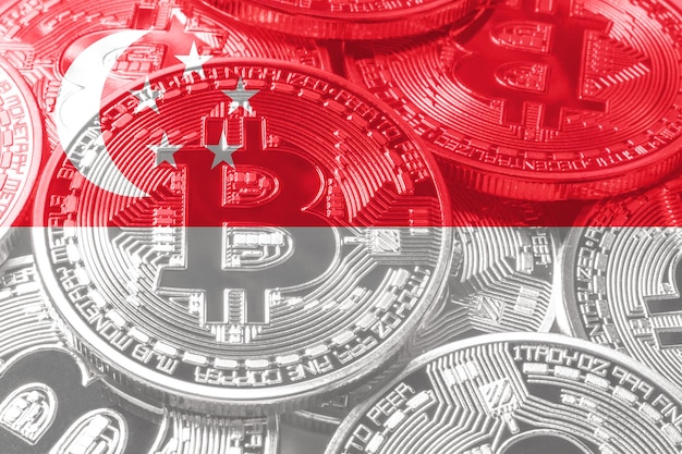 Bandera de bitcoin de Singapur, concepto de criptomoneda de bandera nacional fondo negro