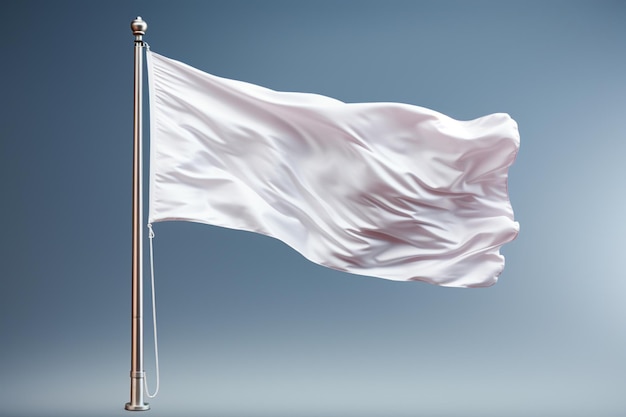 Bandera blanca ondeando en el viento en el asta de la bandera aislado sobre fondo gris closeup