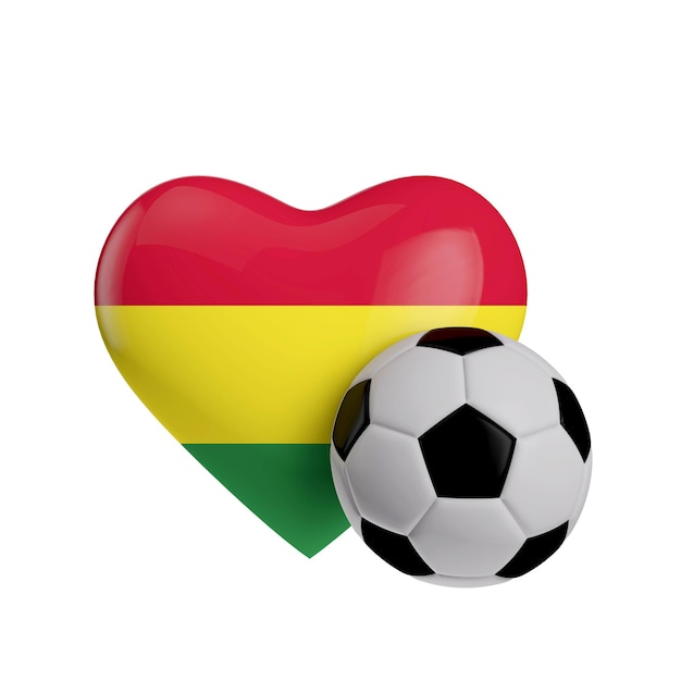 Bandera de Bolivia en forma de corazón con un balón de fútbol Love football 3D Rendering