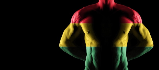 Bandera boliviana en torso masculino musculoso con abs, fondo negro