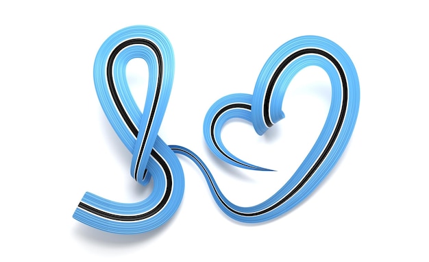 Bandera de Botswana en forma de corazón con una cinta ondulada brillante de conciencia Bandera sobre un fondo blanco Ilustración en 3D