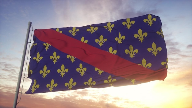 Bandera de Bourbonnais, Francia, ondeando en el fondo del viento, el cielo y el sol. Representación 3D.