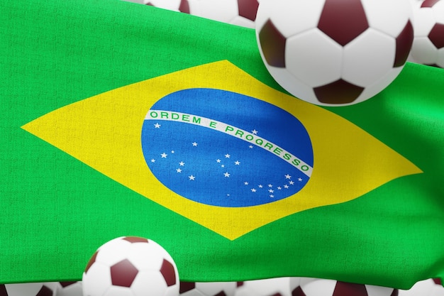 Bandera de Brasil con balón Fútbol mundial 2022 Ilustración de renderizado 3D mínimo