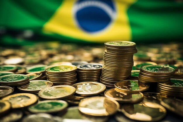 Foto bandera de brasil en el fondo de las monedas