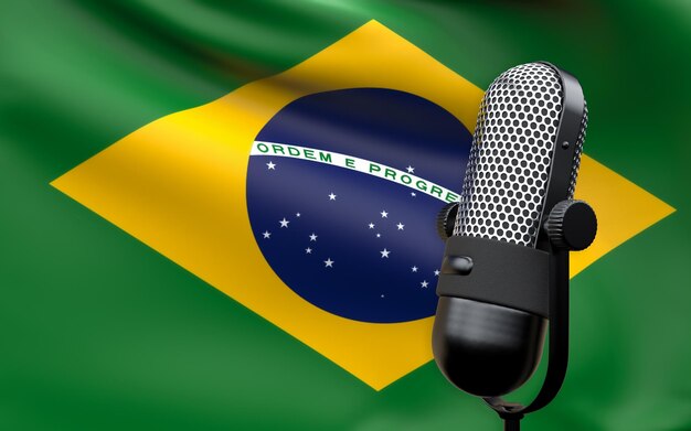 Foto bandera de brasil con imagen de renderizado 3d de micrófono