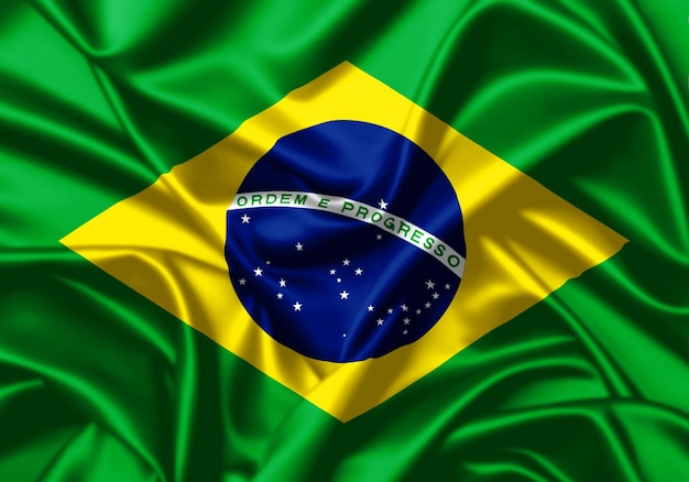 Bandera de Brasil ondeando de cerca con fondo de textura de satén